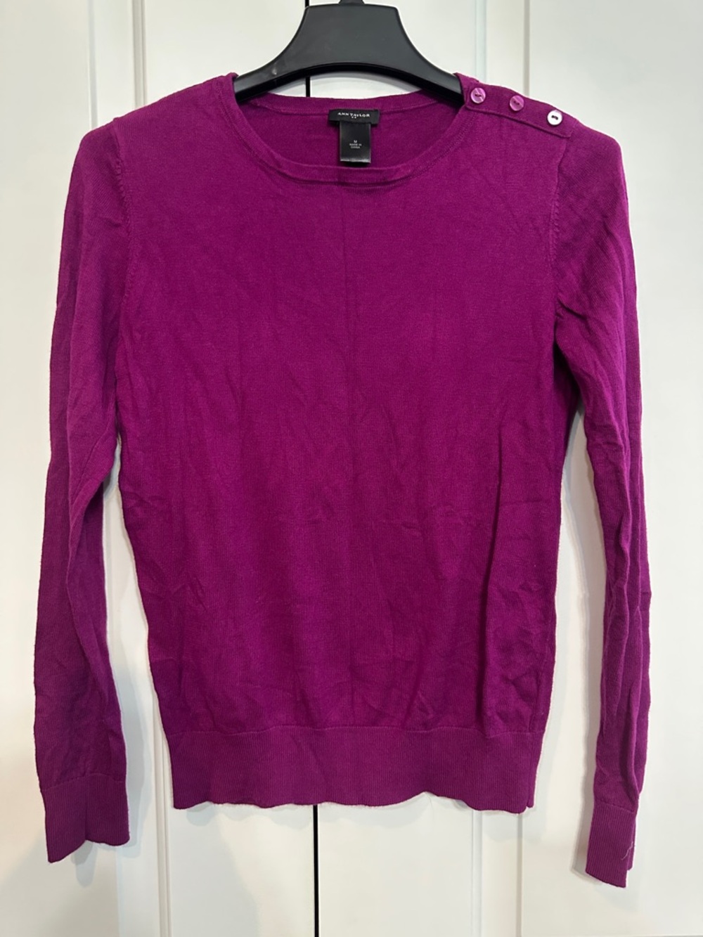 Ann Taylor Magenta Button-Shoulder Crew Sweater